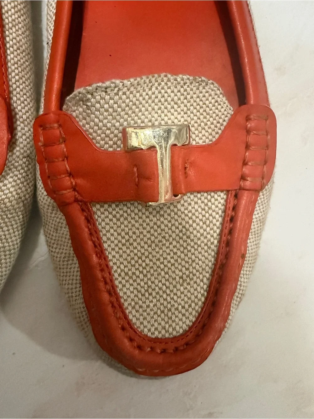 Tory Burch Beige Canvas & Orange Leather Slip-On Loafers